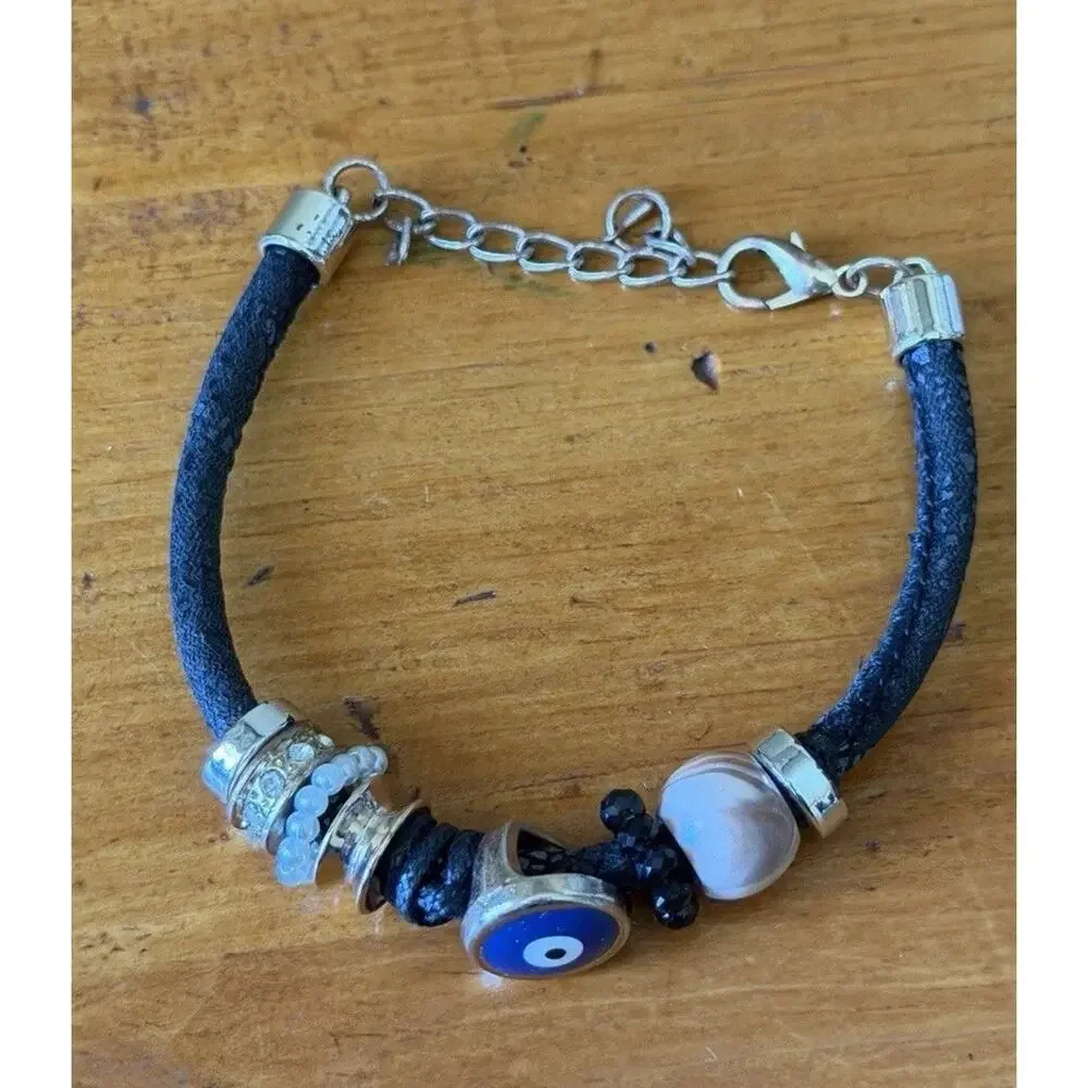 Evil Eye Charm Bracelet Black Cord Crystal Bead Protection Adjustable Fashion